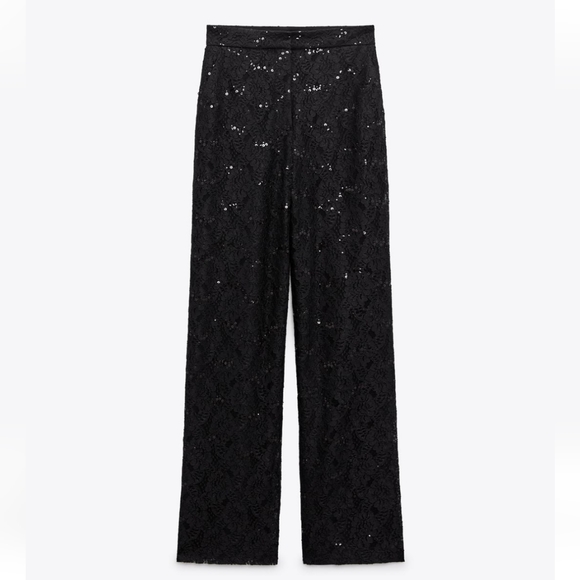 Zara * Limited Edition Black Lace Sequin High Waisted Wide Pants - Picture 7 of 14